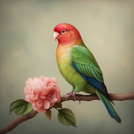 Parrot on a branch with flowers in the style of vintage.の素材