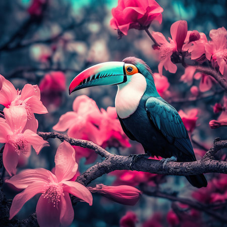 Toucan on a branch with pink flowers in the background.の素材
