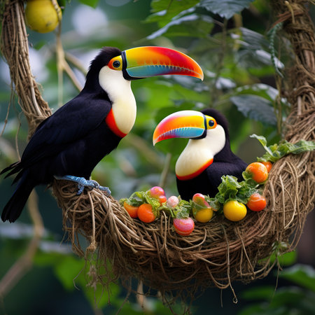 Toucan in the nest with fruits and vegetables on nature backgroundの素材