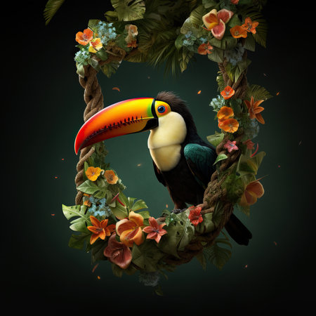 Toucan in a wreath of flowers on a dark backgroundの素材