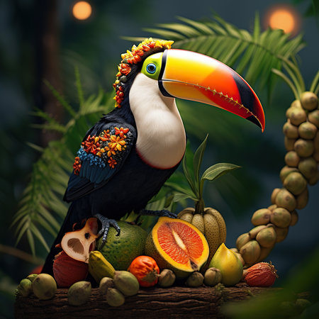 Toucan sitting on a branch surrounded by tropical fruits and leavesの素材