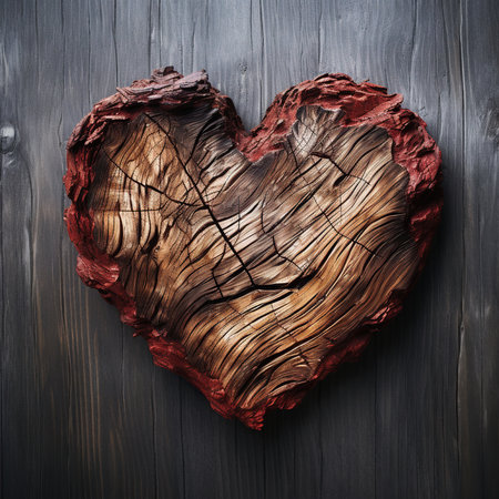 Old wooden heart on a dark wooden background. Valentine's Day.の素材