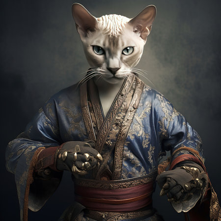 Kung fu master with a cat on a dark background. 3d renderingの素材