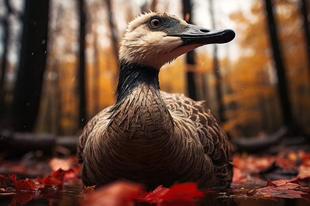 Beautiful duck in autumn forest. Portrait of a duck in autumn forest.の素材