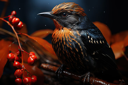 colorful bird sitting on a branch with red berries in the rainの素材