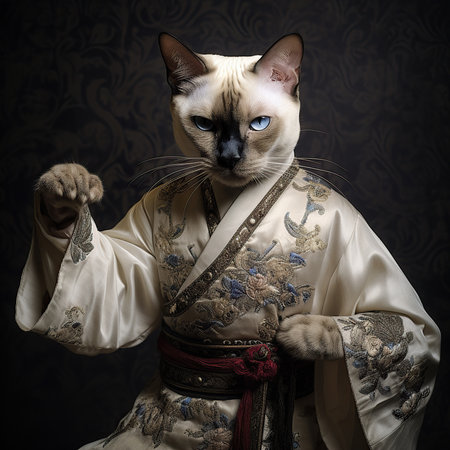 Siamese cat in a kimono on a dark backgroundの素材