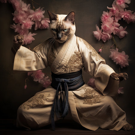 Siamese cat in kimono with sakura flowers.の素材