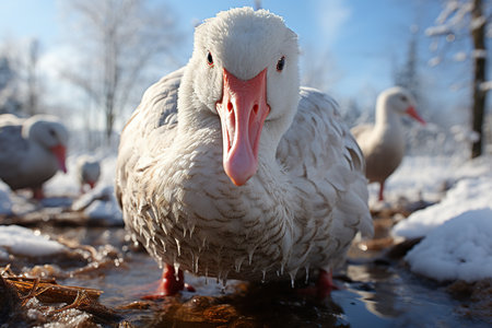 Beautiful white duck on the frozen lake in winter. Close upの素材