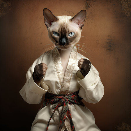 Kung fu master with a siamese cat on a brown backgroundの素材