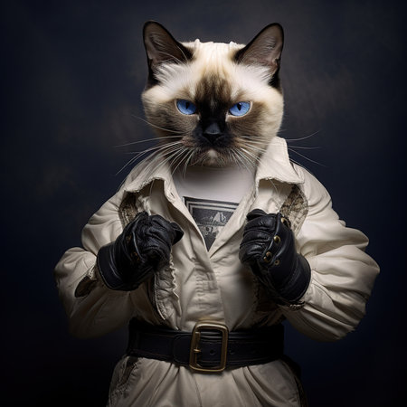 Siamese cat dressed in a coat and gloves. Studio shot.の素材