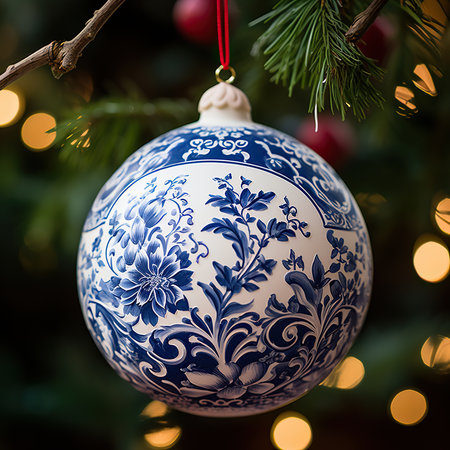 Decorated Christmas tree with a blue and white ornament on it.の素材