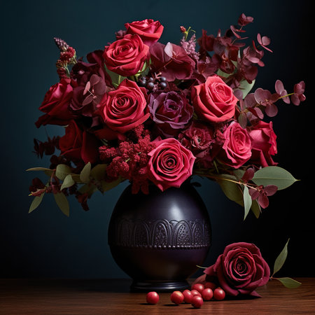 Bouquet of red roses in black vase on dark backgroundの素材