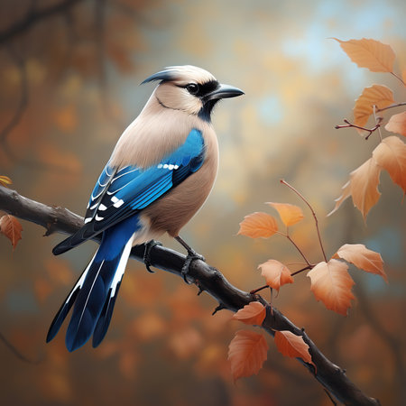 Blue jay bird sitting on a branch in autumnal forest.の素材