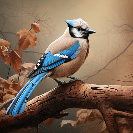 Blue jay bird on a branch with autumn leaves. 3d illustrationの素材