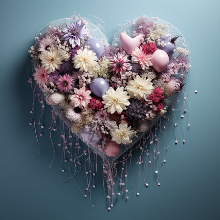 Heart shaped bouquet of flowers on blue background. Top view.の素材