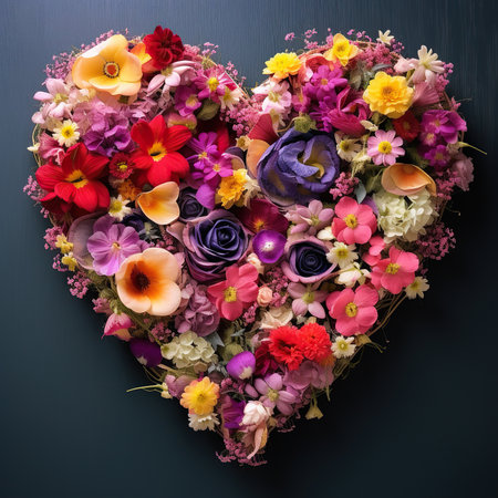 Heart shape made of colorful flowers on dark blue background, top viewの素材
