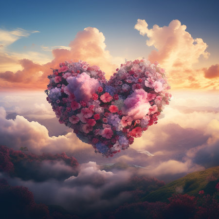 Heart of flowers in the sky. Valentine's day background. 3D renderingの素材