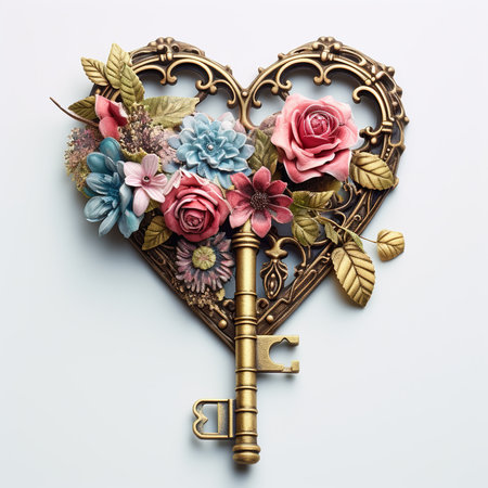 Key in the shape of a heart with flowers on a white backgroundの素材