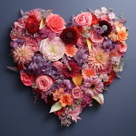 Heart made of beautiful flowers on dark background, top view. Valentine's day cardの素材