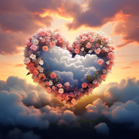Heart shape made of flowers on sunset sky background. 3D renderingの素材