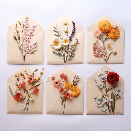 Postal envelopes with dried flowers on white background, top viewの素材