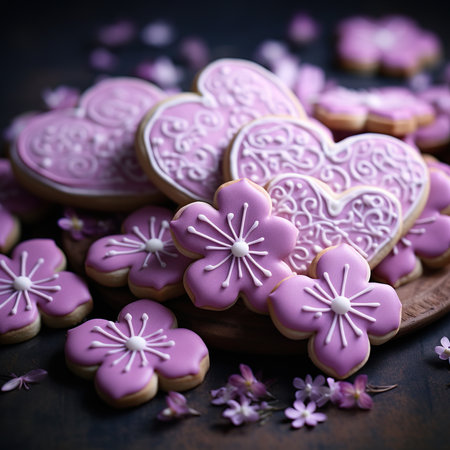 Delicious heart shaped cookies decorated with purple icing and flowers on a dark backgroundの素材
