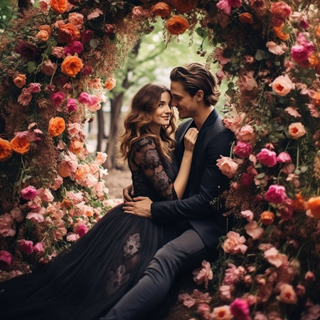 Beautiful couple in love, young man and woman posing in the garden with flowers.の素材