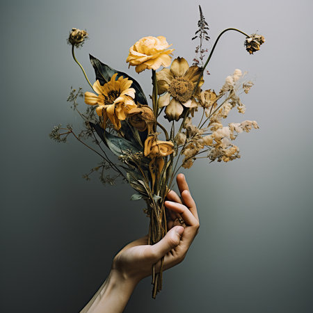 Hand holding a bouquet of dried flowers on a gray background.の素材