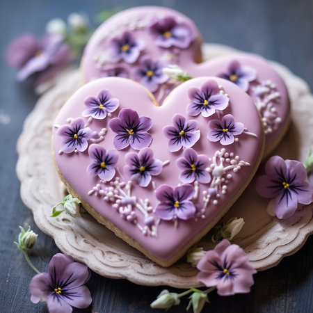 Heart-shaped cookies decorated with violet flowers on a dark wooden backgroundの素材