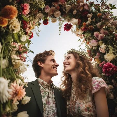 Beautiful wedding couple in the arch of flowers. Bride and groomの素材