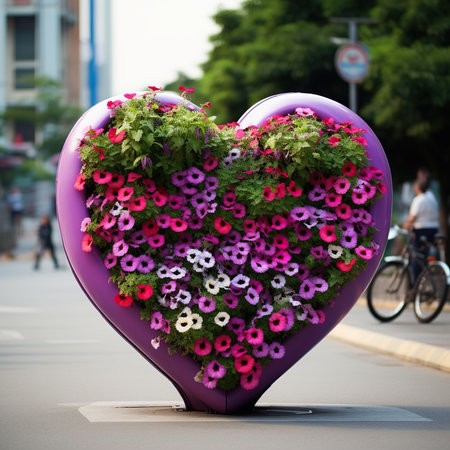 Heart shaped flower pot with pink and purple flowers on the street.の素材
