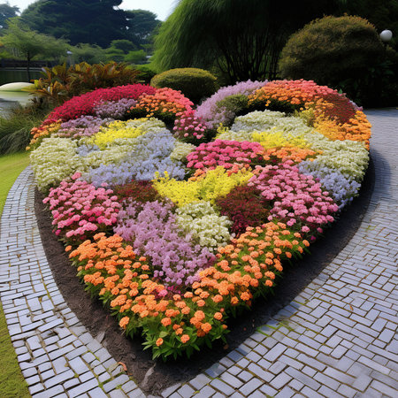 Colorful flower bed in the garden with heart shape from flowers.の素材