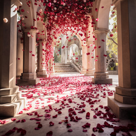 Red rose petals on the ground in a corridor of the templeの素材