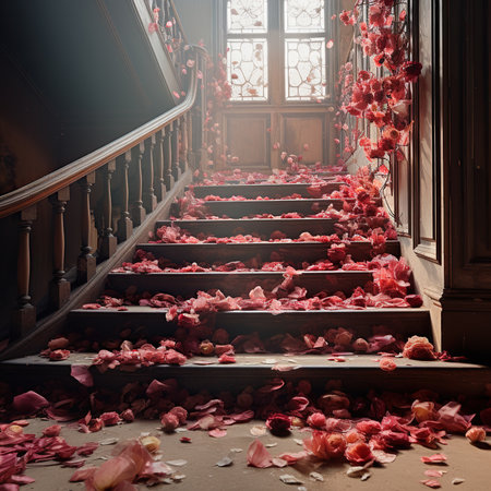 Wooden stairs with rose petals in the old house, tonedの素材