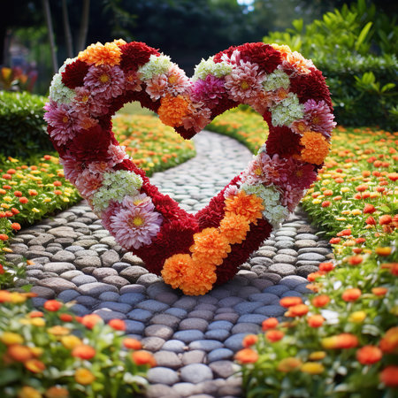 Heart shape made of marigold flowers in the flower garden.の素材