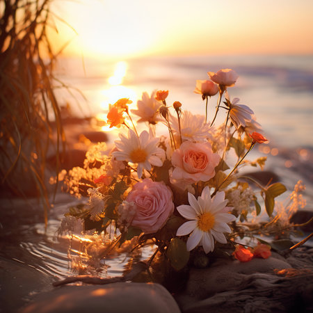 beautiful bouquet of flowers on the shore of the sea at sunsetの素材