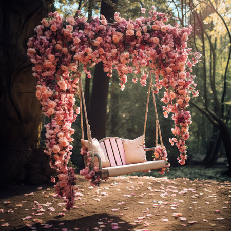 Wedding swing with pink pillow and rose petals in the parkの素材