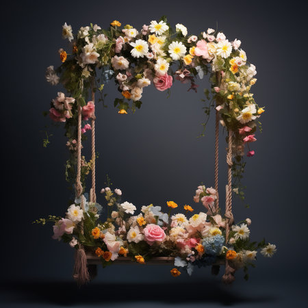 Wooden swing decorated with flowers on a dark background. Copy space.の素材