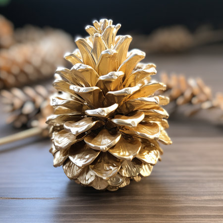 Golden pine cone on wooden table. Christmas and New Year background.の素材