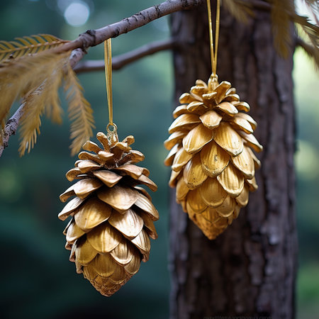 Golden pine cones hanging on a tree branch in the forest. Christmas backgroundの素材