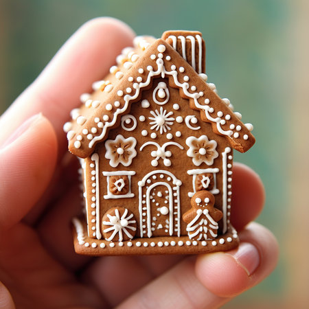 gingerbread house in the hands of a woman on a blurred backgroundの素材
