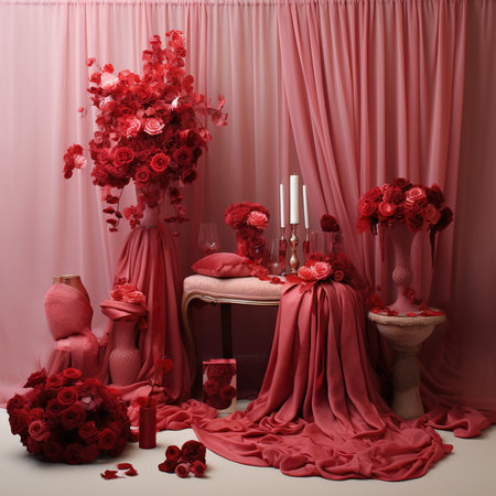 Wedding interior with bouquet of red roses. 3d renderの素材