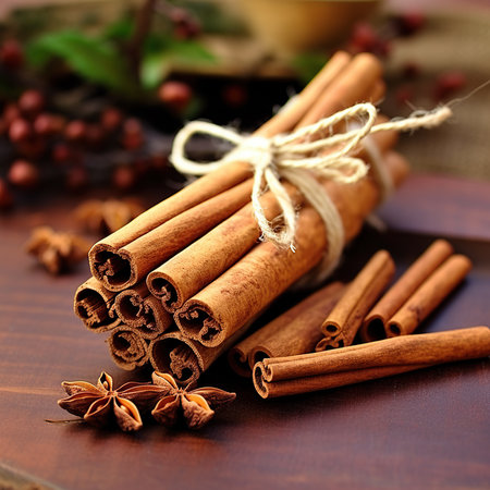 Cinnamon sticks and spices on wooden background. Selective focus.の素材