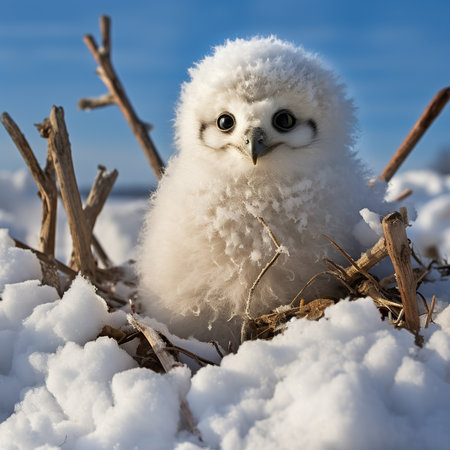 Snowy owl in the snow, looking at the camera, winterの素材