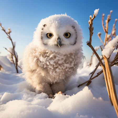 Snowy owl sitting on the snow in winter. Beautiful winter landscape with snowy trees.の素材