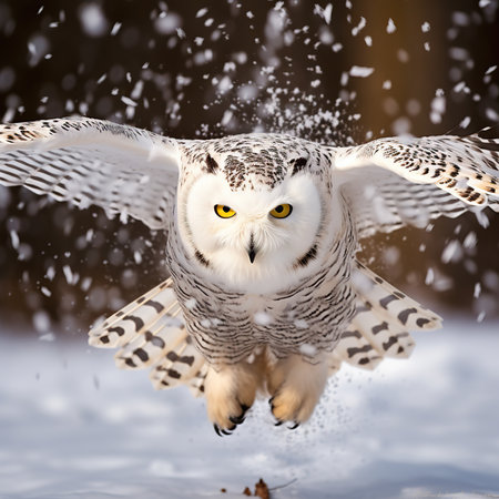 Snowy owl (Bubo scandiacus) in winter forestの素材