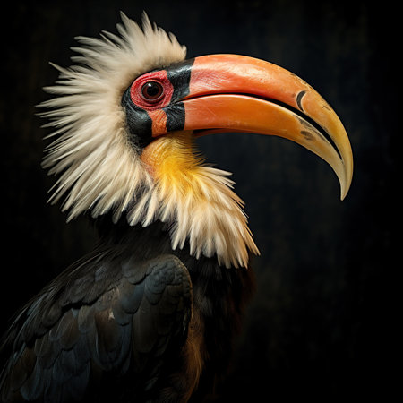 Portrait of a hornbill in front of a dark background.の素材