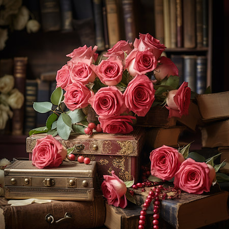 Bouquet of pink roses and old books on a dark backgroundの素材