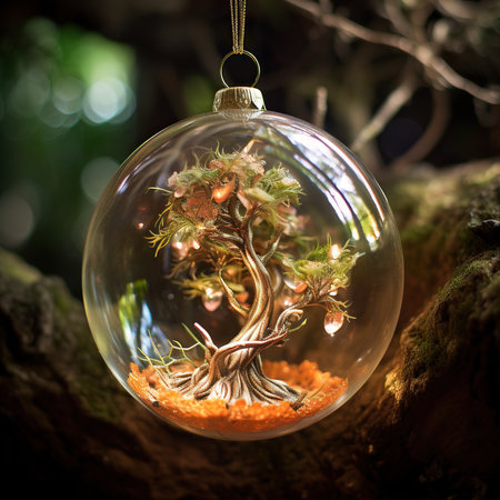 Christmas tree in a glass ball on a tree trunk in the forestの素材