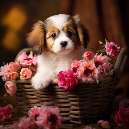 Cute puppy Papillon in a basket with flowers on a dark backgroundの素材